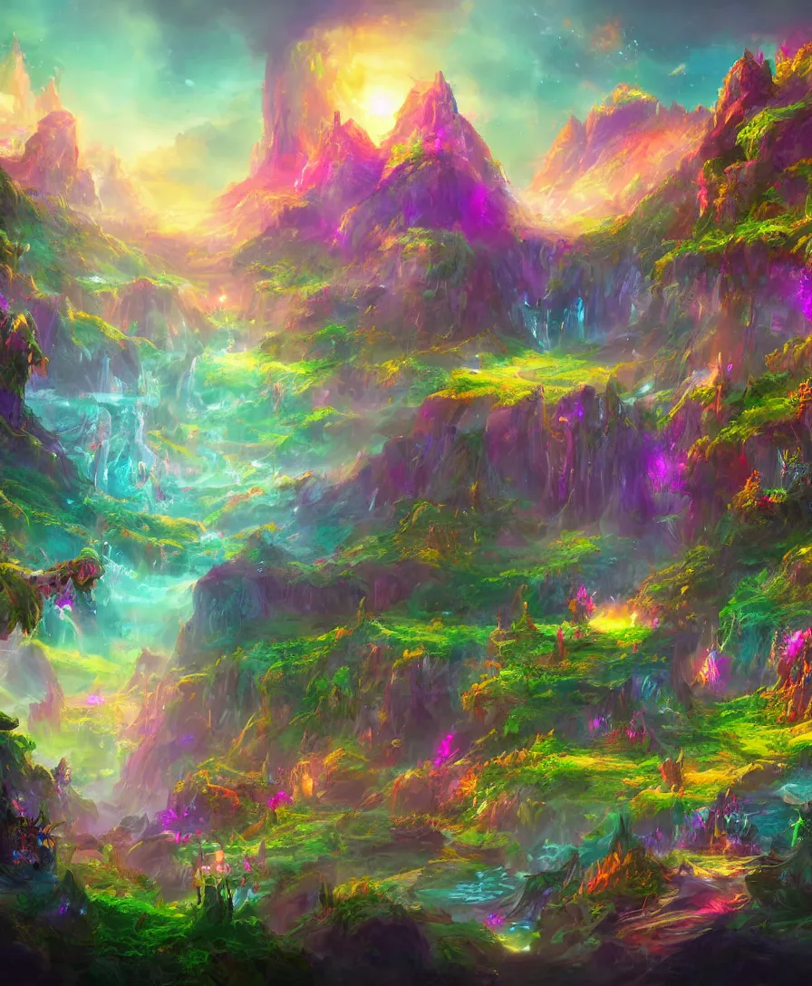 Prompt: concept art of a colorful fantasy landscape filled with magical elements