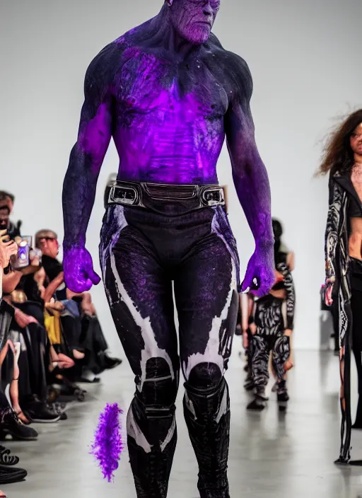 Prompt: hyperrealistic and heavy detailed off white runway show of thanos ( marvel comics ), leica sl 2 5 0 mm, vivid color, high quality, high textured, real life