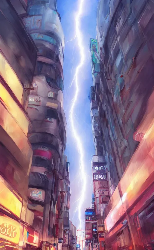 Prompt: tokyo street, lightning bolts in sky, dark sky by artgerm, illustration, trending on artstation, deviantart,