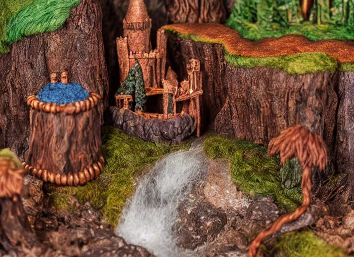 Image similar to high - res photograph of a felt and copper wire sculpture diorama with fantasy castles, highly detailed sculpey diorama, forest setting in iceland, waterfall backdrop, realistic materials, wood, felt, cloth, burlap, copper wire, hot glue, smooth, sharp foccus, commercial product photography,