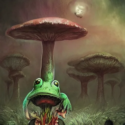 Image similar to A scary godlike fairy killing a frog. award winning. superb resolution. in the art style of junji Ito and greg rutkowski . Detailed Mushroom city in background. Hyper realistic anime. Perfect art. Dalle2