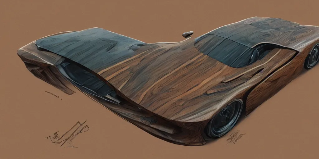 Image similar to wooden car design, design sheet, Moebius, Greg Rutkowski, Zabrocki, Karlkka, Jayison Devadas, Phuoc Quan, trending on Artstation, 8K, ultra wide angle, zenith view, pincushion lens effect.