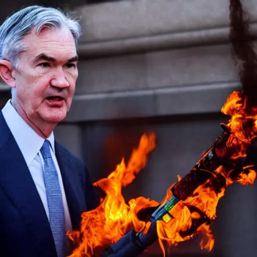 Image similar to detailed photo of Jerome Powell using a flamethrower