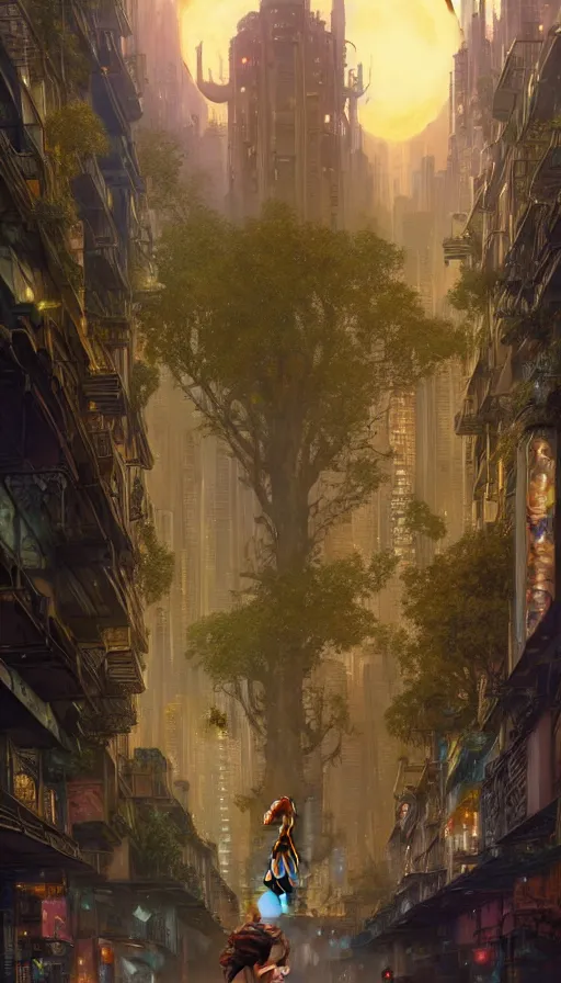 Image similar to golden goddess looking at a hyper realistic cyberpunk city, crowded market street overtaken by lush plants, kittens, full moon, light rays, gnarly trees by tom bagshaw, mucha, gaston bussiere, craig mullins, j. c. leyendecker 8 k