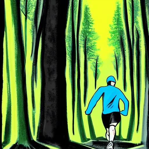 Prompt: athletic guy runs through a forest with tall trees, acid-green sneakers, a photo from the back, art by Kirkman Robert, perspective