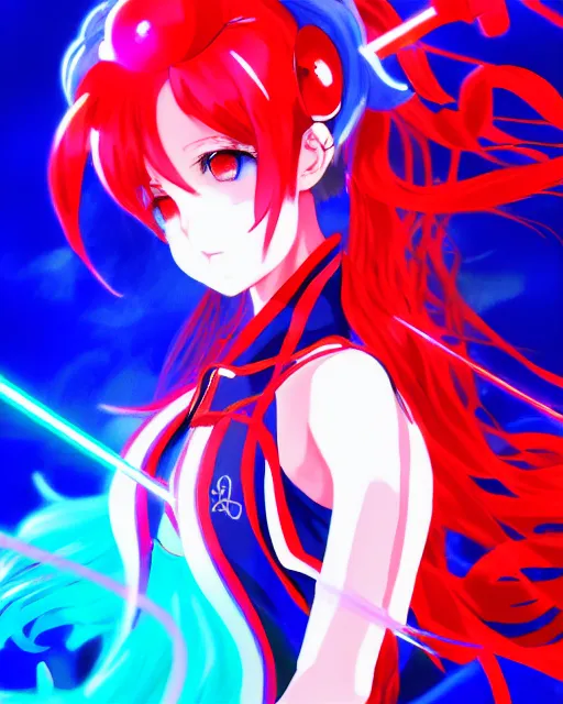 Image similar to anime style, vivid, expressive, full body, 4 k, painting, a cute magical girl idol with a long wavy hair wearing a dress fighting monsters, blue and red, balance, correct proportions, stunning, realistic light and shadow effects, neon lights, studio ghibly makoto shinkai yuji yamaguchi