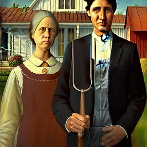 Prompt: Justin Trudeau together with Jagmeet Singh in the american gothic painting, concept art, sharp focus, highly detailed digital painting by Grant Wood, artstation