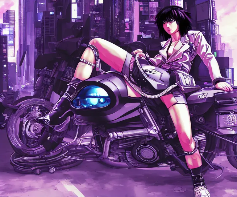 Image similar to motoko kusanagi riding a cyberpunk vehicle in a grungy cyberpunk megacity, bosozoku gang war, cyberpunk vaporwave, by phil jimenez, artgerm, sola digital arts, anti aliasing, raytracing