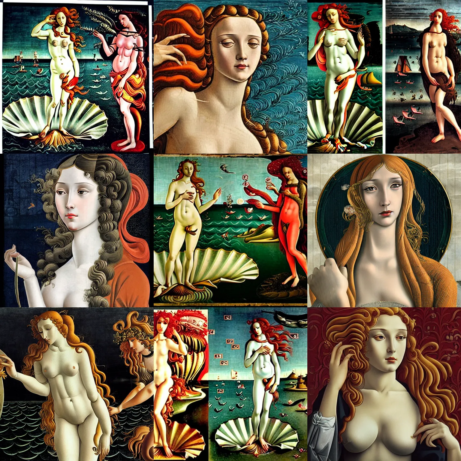 Prompt: The Birth of Venus of Sandro Botticelli as a gritty film noir, cyberpunk mood