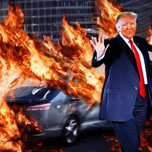 Prompt: photograph of donald trump on the highway firebending cars, dramatization