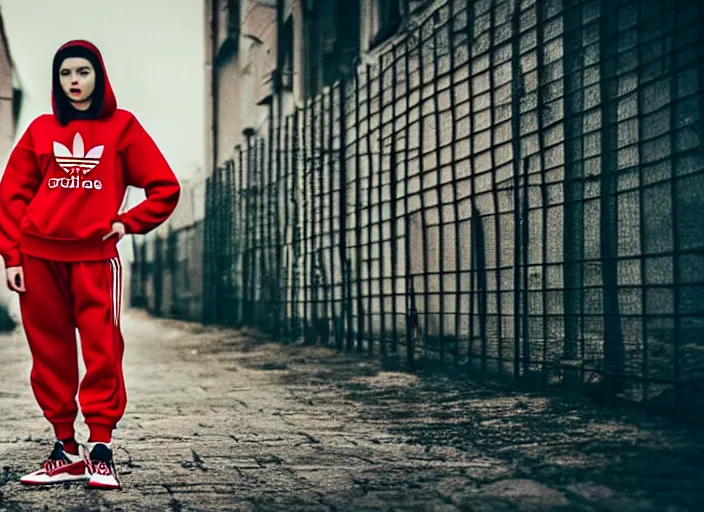 Image similar to 2 0 years old female gopnik in red adidas sport costume, soviet yard, typical russian atmosphere, symmetrical, cinematic, real photography