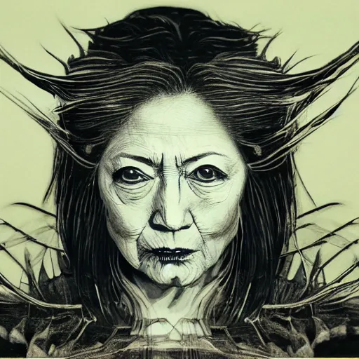 Prompt: Yoshitaka Amano realistic illustration of hillary clinton ,hair fluttering in the wind, cracks on her face wearing Elden ring armour with engraving, abstract black and white patterns on the background, noisy film grain effect, highly detailed, Renaissance oil painting, weird portrait angle, blurred lost edges, three quarter view