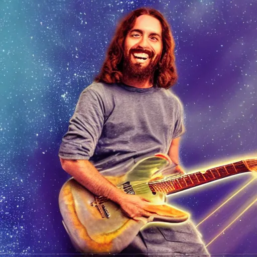 Image similar to a photo of Jesus Christ playing electric guitar smiling, HDR 8k