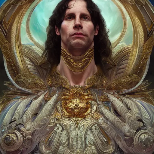 Image similar to portrait of nick bostrom as a heavenly god, full body, muscular, fantasy, intricate, elegant, highly detailed, digital painting, artstation, concept art, matte painting, sharp focus, illustration, art by artgerm and greg rutkowski and alphonse mucha