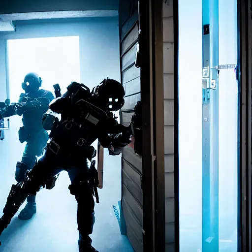Image similar to a cyberpunk SWAT team breaking down a door, futuristic, 8k, film still s- 150