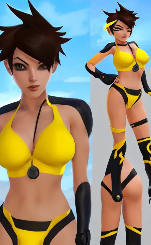 prompthunt: tracer game character, in yellow bikini thong yellow