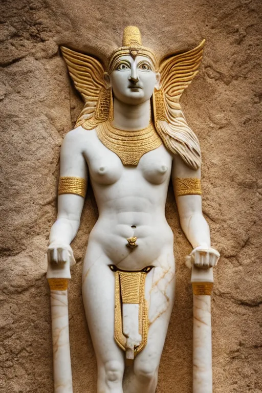 Image similar to photo of the ancient statue of extremely beautiful demon goddess from sumeria, marble and gold materials, symmetrical, cinematic, real dlsr photography, sharp focus, 4 k, ultra hd, sense of awe, archeology journal cover