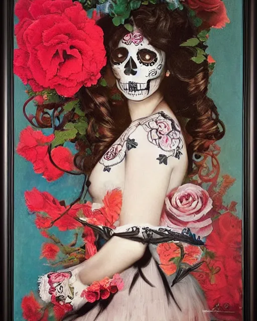 Prompt: a cute Día de los Muertos girl posing by Annie Leibovitz, Poster art by J. C. Leyendecker