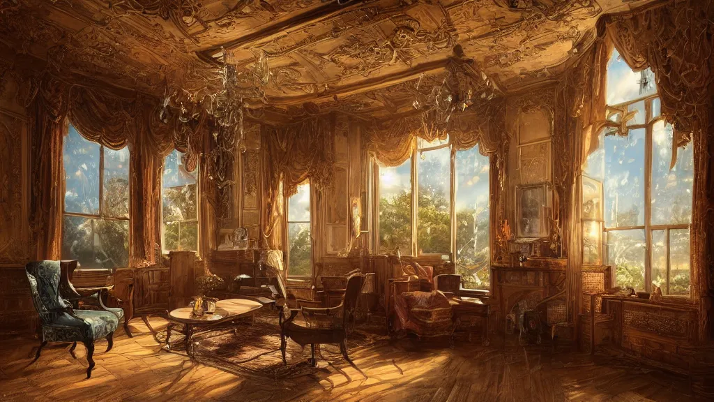 Image similar to richly decorated Victorian house, modern, beautiful, detailed wood, photorealistic, photorealism, lightning, clouds, smoke, the autumn light comes in through a window, diffuse light, vivid cybernetics