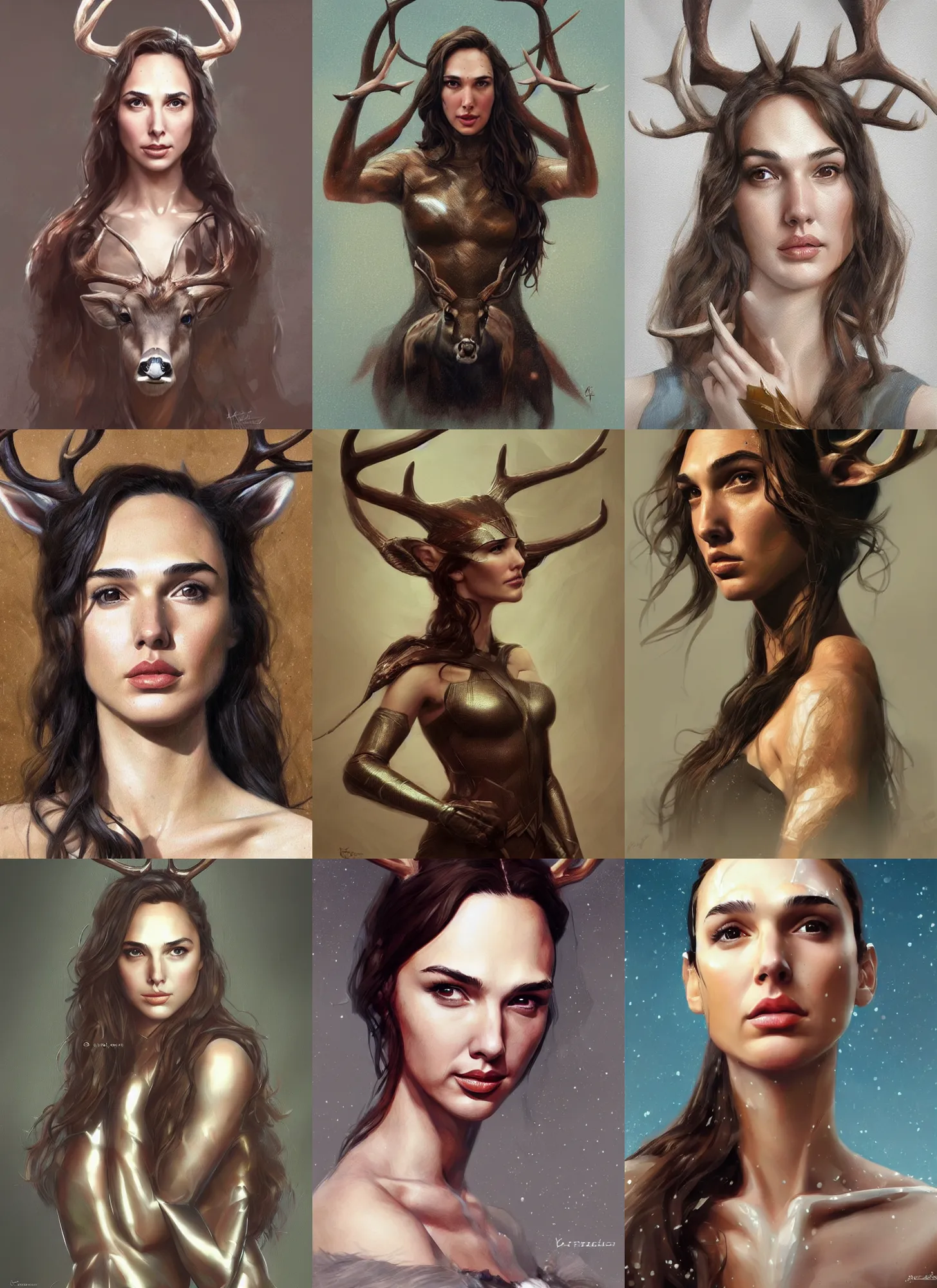 Image similar to head and shoulders masterpiece portrait of gal gadot as a deer, surreal background, digital art by krenz cushart, trending on artstation, cgsociety