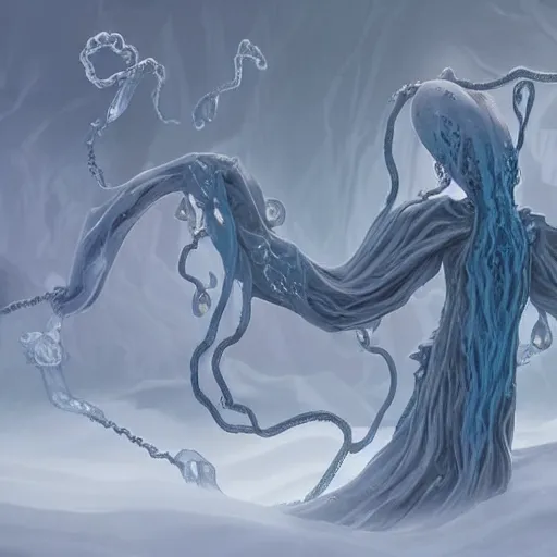 Prompt: concept designs of a chained ethereal ghostly wraith like figure with a squid like parasite latched onto its transparent skull and long tentacle arms that flow lazily but gracefully at its sides like a cloak while it floats around a frozen rocky tundra in the snow searching for lost souls and that hides amongst the frozen underbrush, this character has hydrokinesis and electrokinesis for the resident evil village video game franchise with inspiration from the franchise Bloodborne in the style of arcane the series on netflix