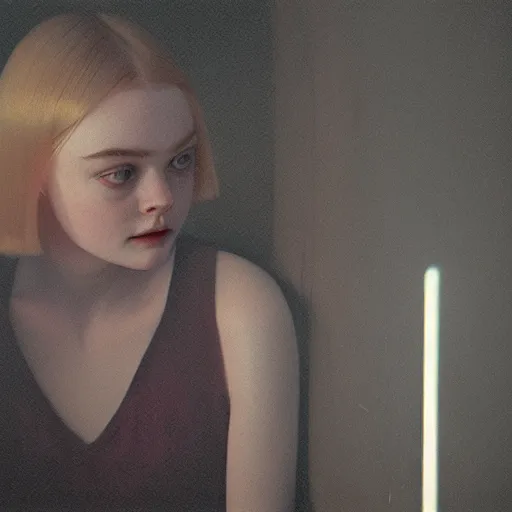 Image similar to Elle Fanning drinking blood at night at night in the world of Edward Hopper, creepy basement room, flickering lights, extremely detailed masterpiece, oil on canvas, low-key neon lighting, artstation, Blade Runner 2049, Roger Deakin’s cinematography, by J. C. Leyendecker and Peter Paul Rubens,