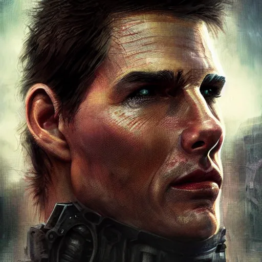 Image similar to tom cruise portrait, dystopia core, apocalyptic, armor, warrior, dramatic, sharp focus, fiction, neon, fantasy, hyper detailed, digital art, trending in artstation, cinematic lighting, studio quality, smooth render, unreal engine 5 rendered, octane rendered, art style and nixeu and wlop and krenz cushart