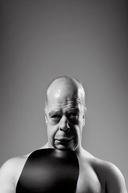 Prompt: studio portrait of man that looks excactly like homer simpson, lookalike, as if homer simpson came to life, soft light, black background, fine details, close - up, award winning photo by herb ritts