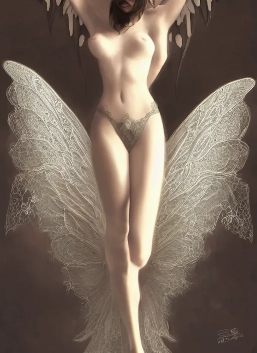 Image similar to full body portrait of a beautiful fairy women with wings of lace, by artgerm, sunny day, highly detailed, perfect lighting, perfect composition, symmetry, detailed features, 4 k, by alan lee, by derek zabrocki, by greg rutkowski