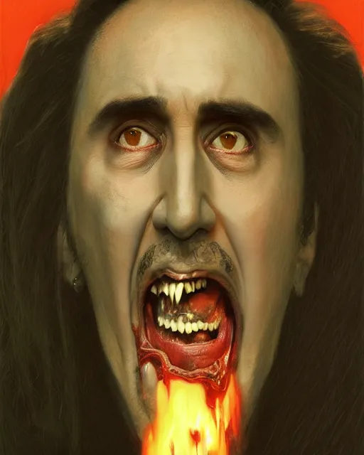 Prompt: nicolas cage as dracula, fangs, highly detailed, centered, artstation, concept art, smooth, sharp focus, illustration, bokeh art by artgerm and donato giancola and joseph christian leyendecker zdzisław beksinski