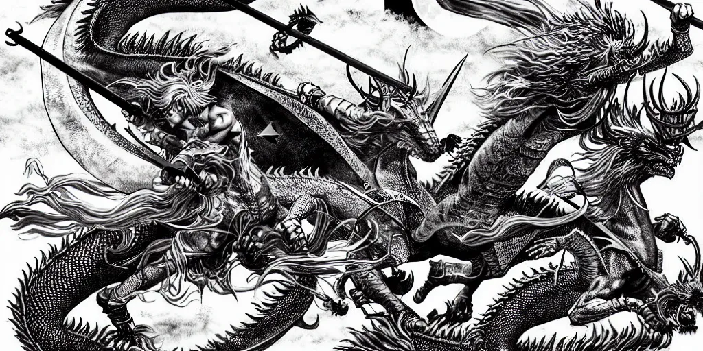 Prompt: archer. dragon. night sky. moon. mountain. dark fantasy. epic fight. detailed. digital art. black and white. by kentaro miura