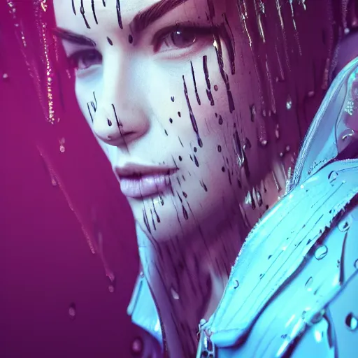 Image similar to stylish woman cartoon portrait made out of rain, leather jacket, cyberpunk background, rendered in octane, unreal engine, highly detailed, trending on artstation, realistic, neon, beautiful