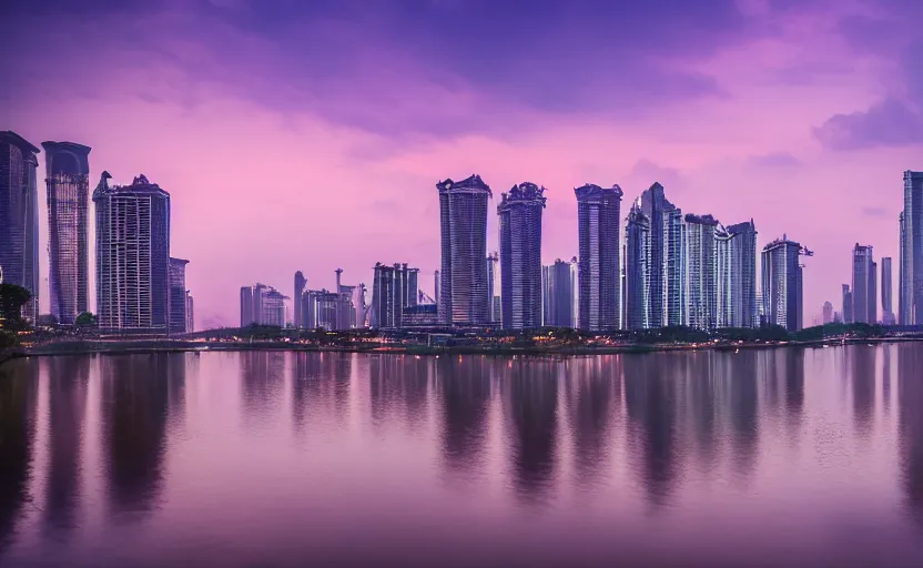 Image similar to a photo of guangzhou, river, sunset, purple sky, cinematic, 8 k, highly - detailed