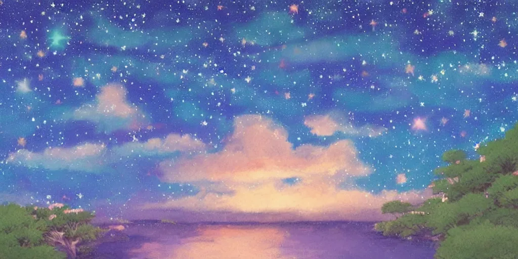 Prompt: night sky full of stars, soothing light, painting by studio ghibli - h 5 7 6