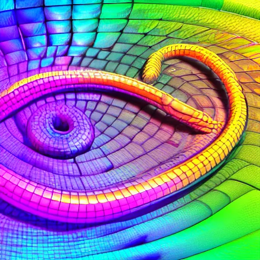 Prompt: a human form, made of pure light, encircled by a giant iridescent serpent, in a sea of digital grids, hyper detailed, ultra fine colored inking lines, arnold render, 4 k extremely photorealistic