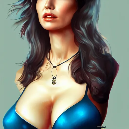 Prompt: portrait of a hot Jennifer Connelly in the 90s with a mystique pendant over her generous cleavage fantasy highly detailed digital art artstation smooth sharp focus illustration art by Peter Tang and artgem