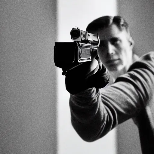 Image similar to A man in a black turtleneck sweater pointing a gun equipped with a silencer at the camera, cinematographic, dark, movie scene, spy movie, investigative film