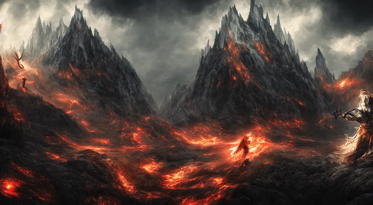 Image similar to god fighting the devil, dark, fiery, mines of moria, lord of the rings aesthetic, in style of alan lee, cinematic, cinematic lighting, octane render, motion blur, highly detailed