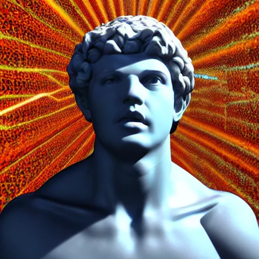 Prompt: 3 d sci - fi cgartist rendering of a hyper realistic marble greek statuary bust floating at the vast pulsating interdimensional fractal space portal at the psychedelic vaporwave event horizon directed by col price, trending on artstation