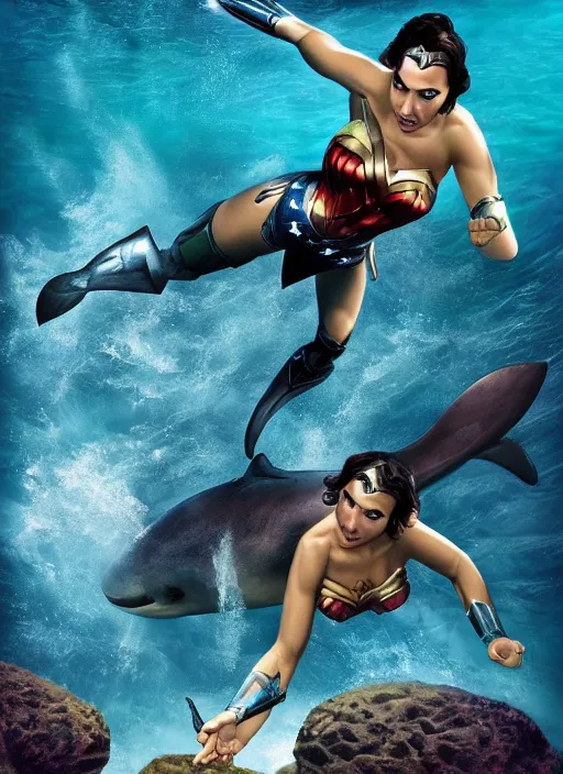 Prompt: wonder woman gal gadot free diving with false killer whales, photorealistic, in the style of national geographic