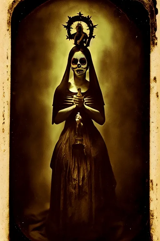 Image similar to calotype, tintype, virgin mary in dia de muertos dress and make up, horrific beautiful vibe, evocative, atmospheric lighting, painted, intricate, highly detailed, leesha hannigan, wayne haag, reyna rochin, ignacio fernandez rios, mark ryden, iris van herpen, stunning, gorgeous, sharp focus, cinematic, masterpiece