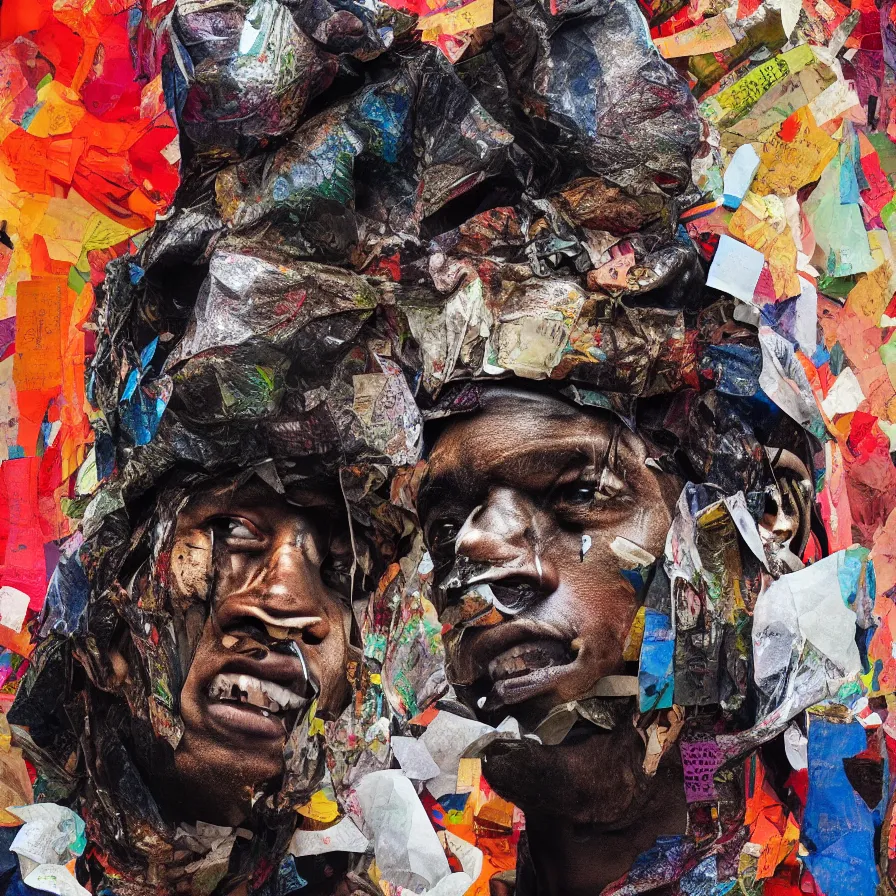 Image similar to rendered in blender travis scott with a trash bag on his head, collage paper and tape, acrylic on canvas, hyperrealism mixed with expressionism, high resolution, cinematic, unreal 6, breathtaking detailed, by blake neubert