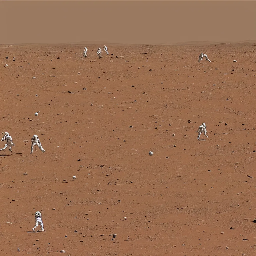 Image similar to astronauts playing soccer match on mars