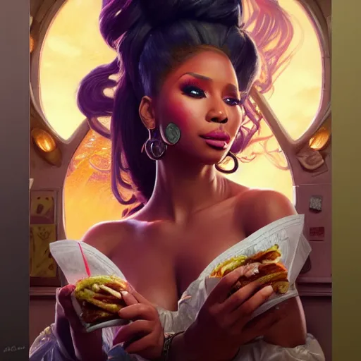 Image similar to Nicki Minaj eating big macs, dripping BBQ Sauce, serving happy meals, D&D, spilling ketchup, fantasy, intricate, elegant, highly detailed, digital painting, artstation, concept art, matte, sharp focus, illustration, hearthstone, art by Artgerm and Greg Rutkowski and Alphonse Mucha