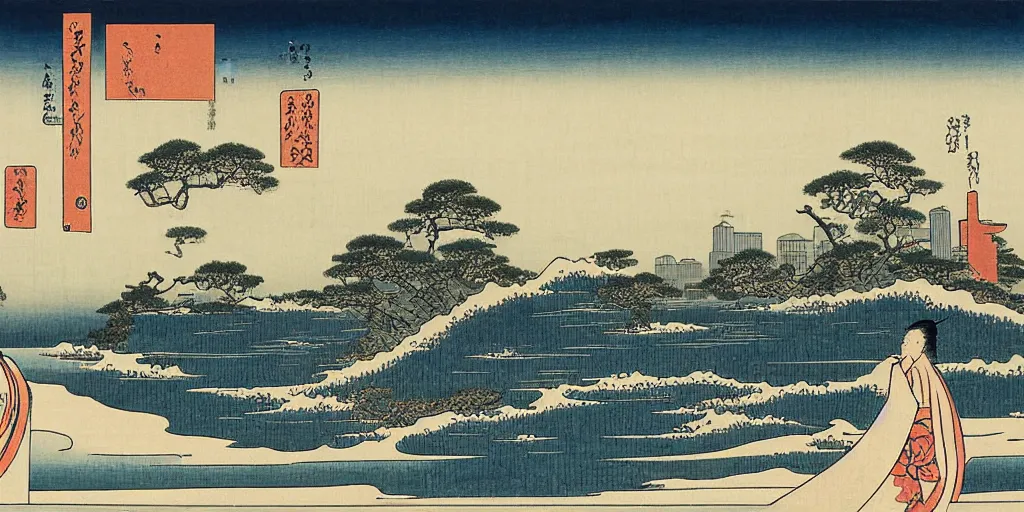 Image similar to ukiyo-e lanscape portrait of the Boston Skyline by hokusai