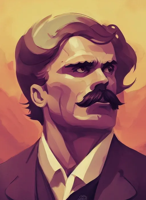 Prompt: Friedrich Nietzsche with a chiseled Jawline and serious Look, muscular, in the Style of Artgerm and Charlie Bowater and Atey Ghailan and Mike Mignola, vibrant colors and hard shadows and strong rim light, Comic Cover Art, plain background, trending on artstation