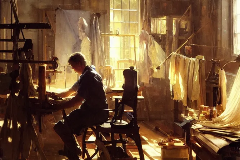 Image similar to oil painting of weaver working on a beautiful piece of fabric in their workshop, art by anders zorn, wonderful masterpiece by greg rutkowski, beautiful cinematic light, american romanticism by greg manchess, jessica rossier and norman rockwell