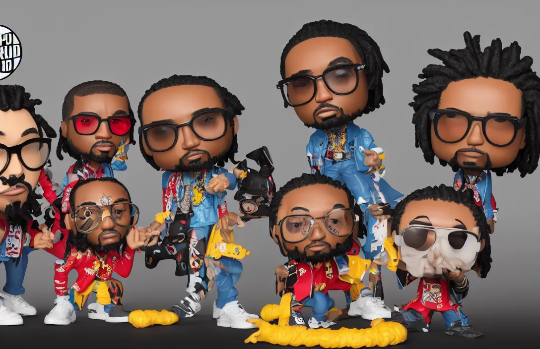 Image similar to three funko pops of rap trio migos members quavo, offset and takeoff, product shot, macro, hyper realistic, octane render, unreal engine, 4 k, 8 k