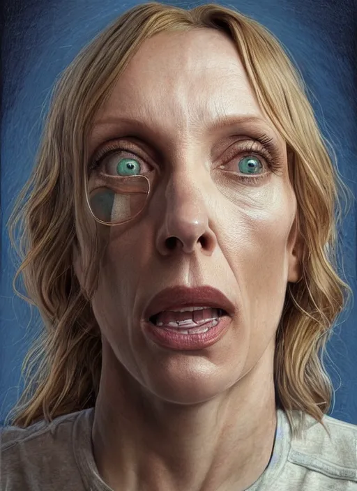 Prompt: portrait of Toni Collette in Hereditary (2018), highly detailed, centered, solid color background, digital painting, artstation, concept art, smooth, sharp focus, illustration, Jason Edmiston, donato giancola, Joseph Christian Leyendecker, Les Edwards, Ed Repka, WLOP, Artgerm