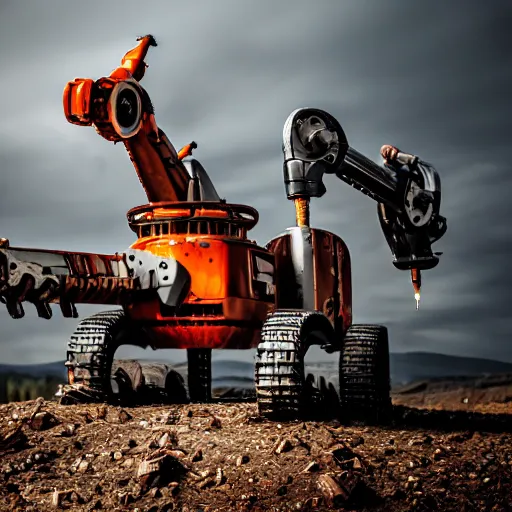 Image similar to giant scary treaded mining robot with drill, mining scrap metal, highly detailed body, retro, industrial, dark, dystopian, apocalyptic, clean, 8 5 mm f / 1. 4